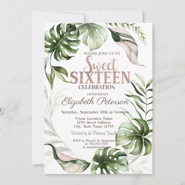 Invitation Feuilles Tropicales Verdure Douce 16e Anniversaire (Devant)