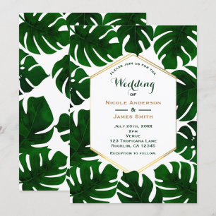 Invitation Feuilles tropicales vert foncé Mariage blanc et or