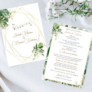 Invitation Feuilles tropicales vert or géométrique aquarelle
