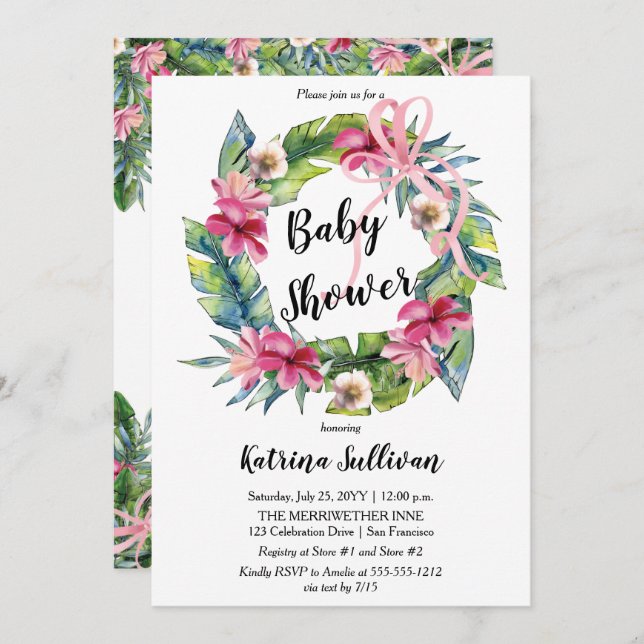 Invitation Feuilles tropicaux | Baby shower rose floral fille (Devant / Derrière)