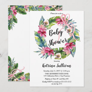 Invitation Feuilles tropicaux   Baby shower rose floral fille