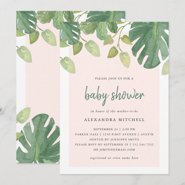 Invitation Feuilles tropicaux | Baby shower vert et bleu (Devant / Derrière)