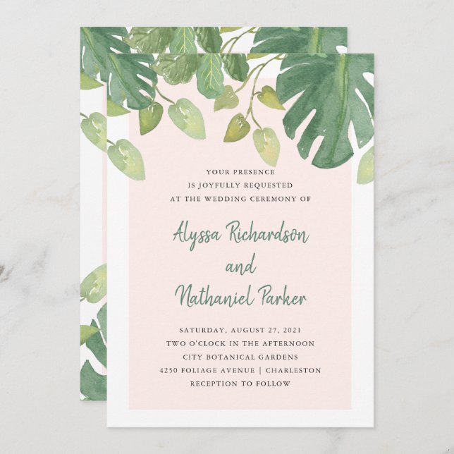 Invitation Feuilles tropicaux| Blush et Green Mariage (Devant / Derrière)