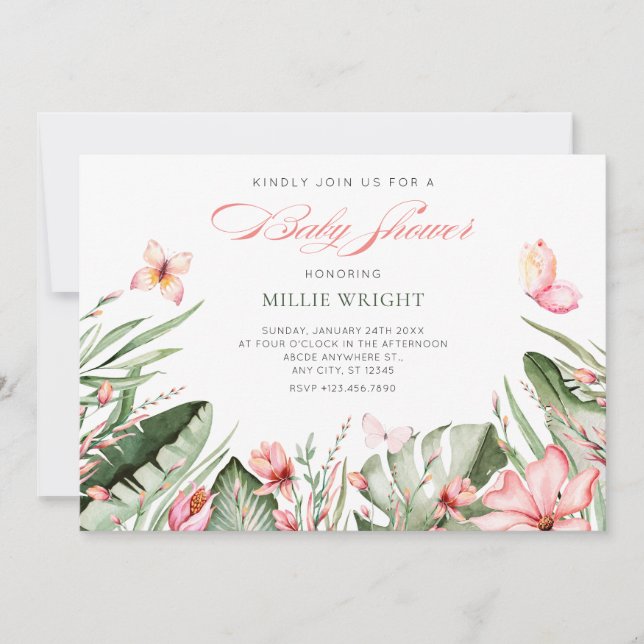 Invitation Feuilles tropicaux et baby shower de fleurs (Devant)