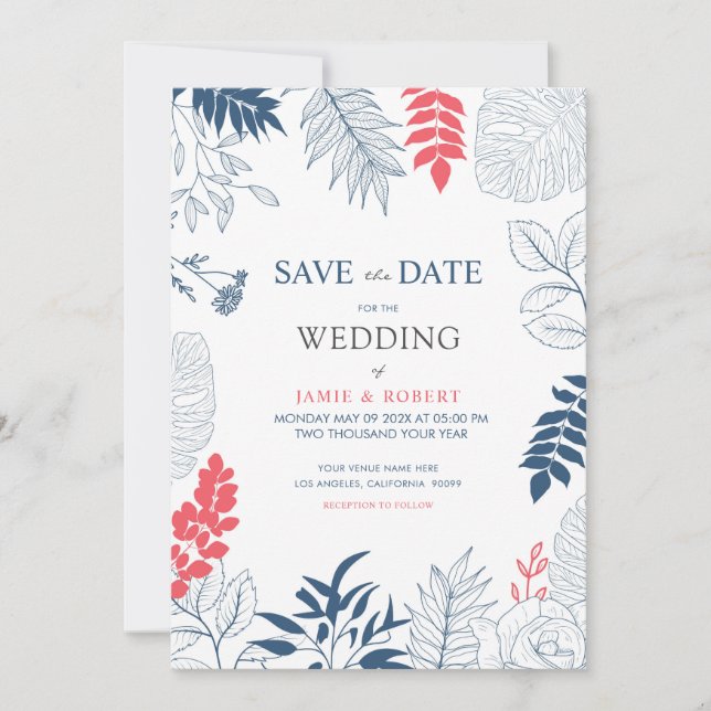 Invitation Feuilles tropicaux et fleurs cadre mariage (Devant)