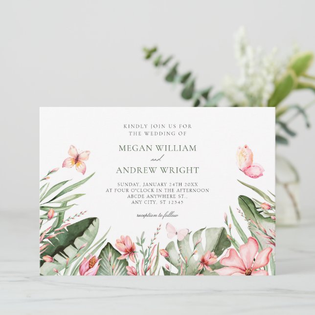 Invitation Feuilles tropicaux et mariage de fleurs (Debout devant)