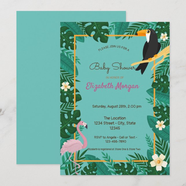 Invitation Feuilles tropicaux, Fleurs, Baby shower Flamant ro (Devant / Derrière)