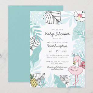 Invitation Feuilles tropicaux mignons   Baby shower Flamant r