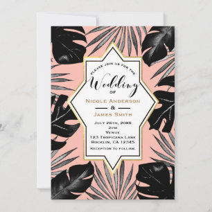 Invitation Feuilles Tropicaux Noirs & Mariage Or Peach Coral