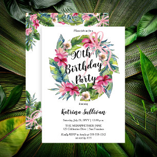 Invitation Feuilles tropicaux   Pink Floral 90th Birthday Par
