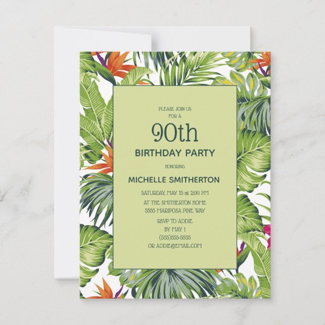 Invitation Feuilles tropicaux rose orange floral 90e annivers (Devant)