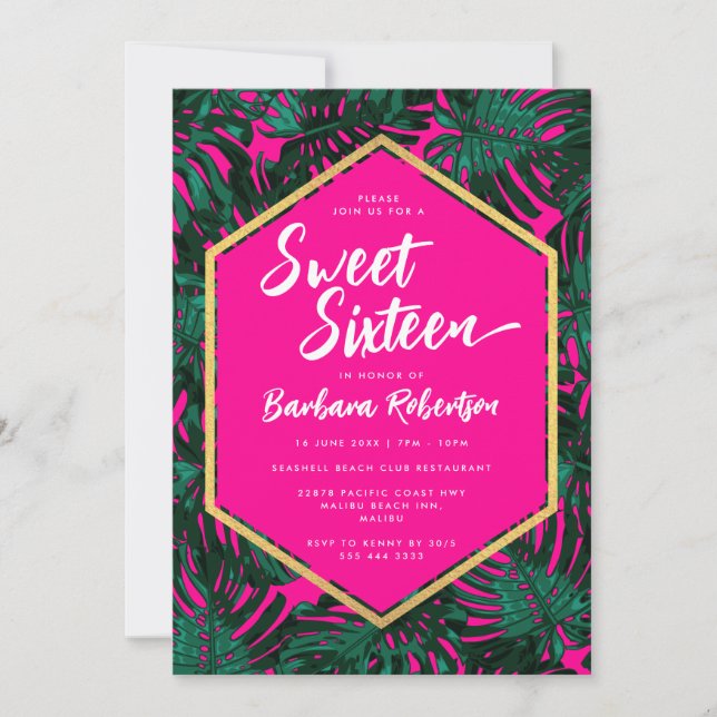 Invitation Feuilles tropicaux Sweet sixteen vert rose chaud (Devant)