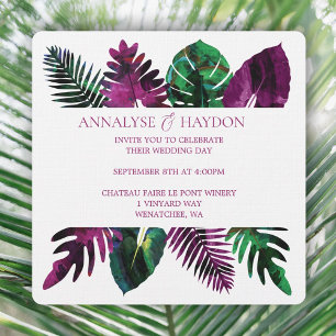 Invitation Feuilles tropicaux vert, Mariage rose Berry sauvag
