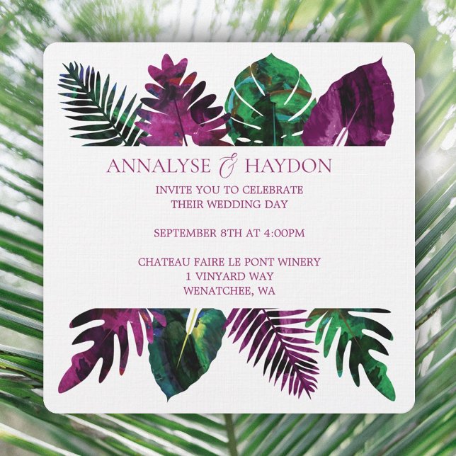 Invitation Feuilles tropicaux vert, Mariage rose Berry sauvag (tropical wild berry pink violet wedding invitations, green monstera, ferns, coastal theme)