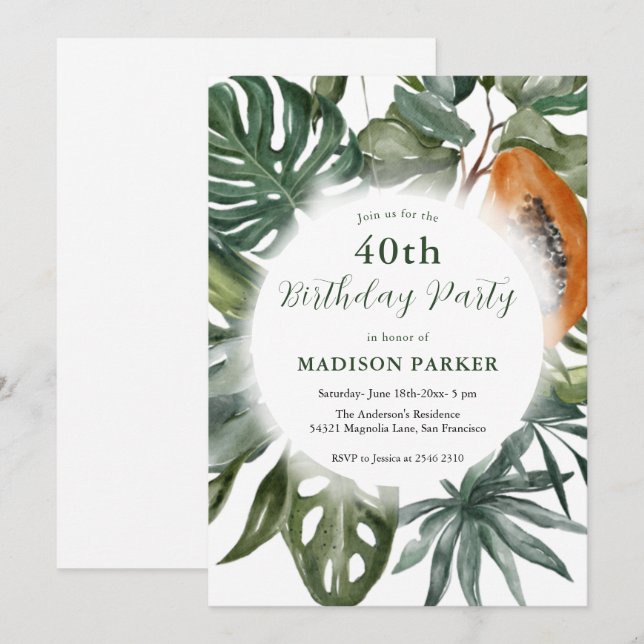 Invitation Feuilles tropicaux Wreath Anniversaire (Devant / Derrière)