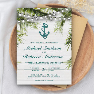 Invitation Feuilles Turquoise Ancre Washed White