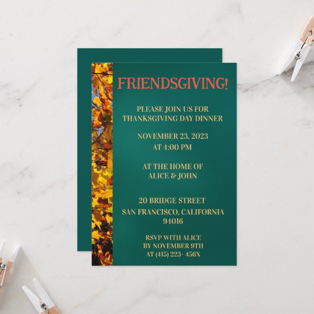 Invitation Feuilles Turquoises sombres Thanksgiving Friends (Devant/Arrière en situation)