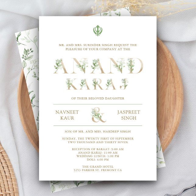 Invitation Feuilles Typographie Blanc Anand Karaj Mariage Sik (Créateur téléchargé)
