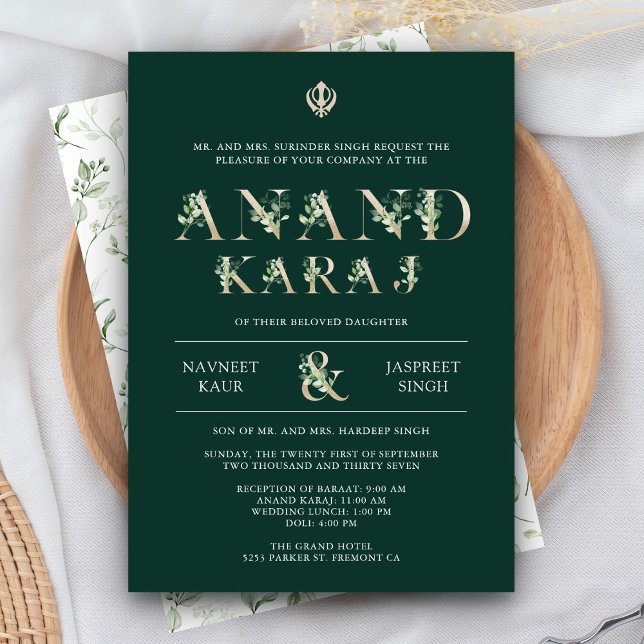 Invitation Feuilles Typographie Vert Anand Karaj Mariage Sikh (Créateur téléchargé)