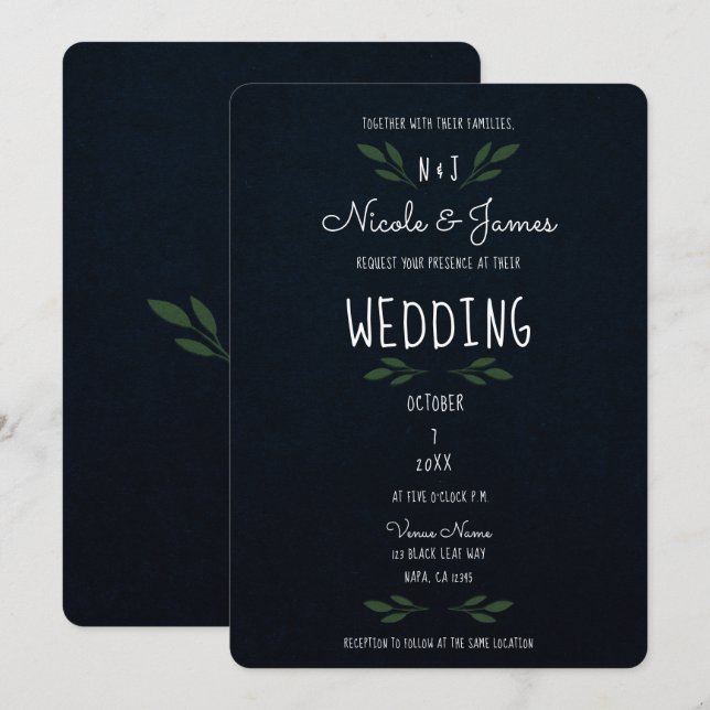 Invitation Feuilles Vert Bleu Foncé Moderne Végétal Mariage (Devant / Derrière)