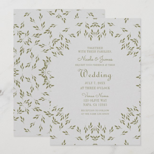 Invitation Feuilles vert olive Avoine naturelle Mariage rusti (Devant / Derrière)