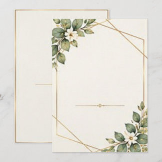 Invitation Feuilles vert sauge et fleurs blanches Cadre doré