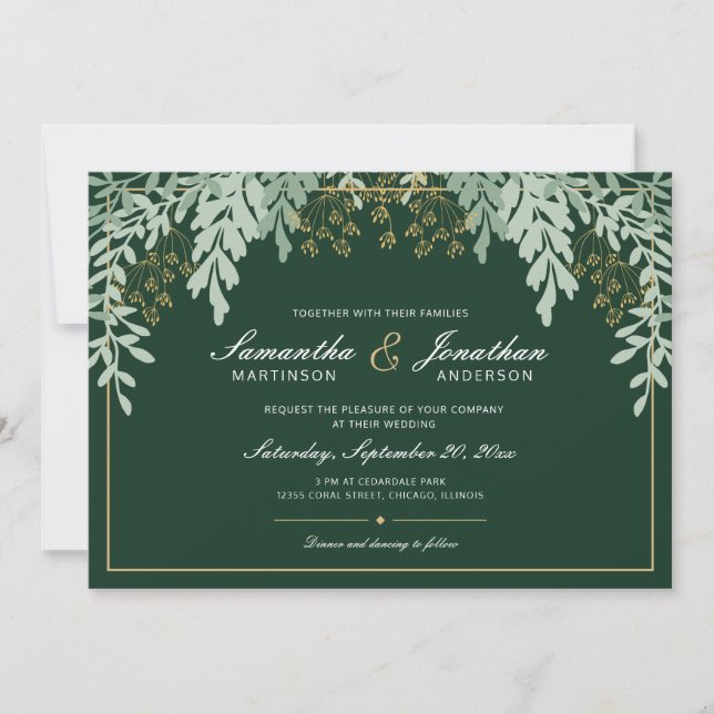 Invitation Feuilles Vert Sauge sur Mariage Vert Émeraude (Devant)