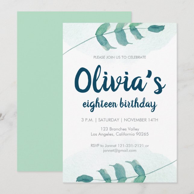 Invitation Feuilles vertes Blush Botanique Aquarelle annivers (Devant / Derrière)