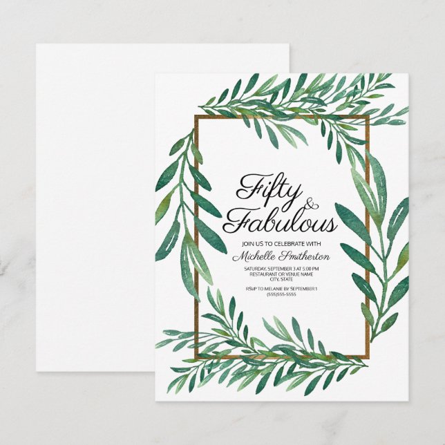Invitation Feuilles Vertes Botaniques Or Blanc 50e Anniversai (Devant / Derrière)