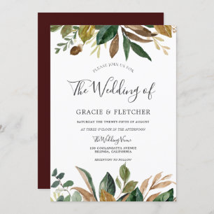 Invitation Feuilles vertes Bourgogne automne Feuilles Mariage