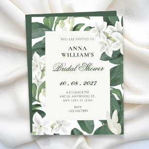 Invitation Feuilles vertes fleurs blanches douche de mariée