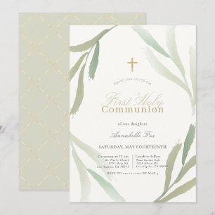 Invitation Feuilles vertes naturelles Première communion sain