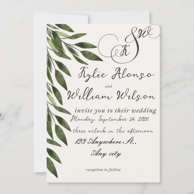Invitation Feuilles vertes simples pour mariage (Devant)