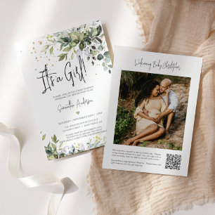Invitation Feuilles verts C'est une fille Baby shower QR Code