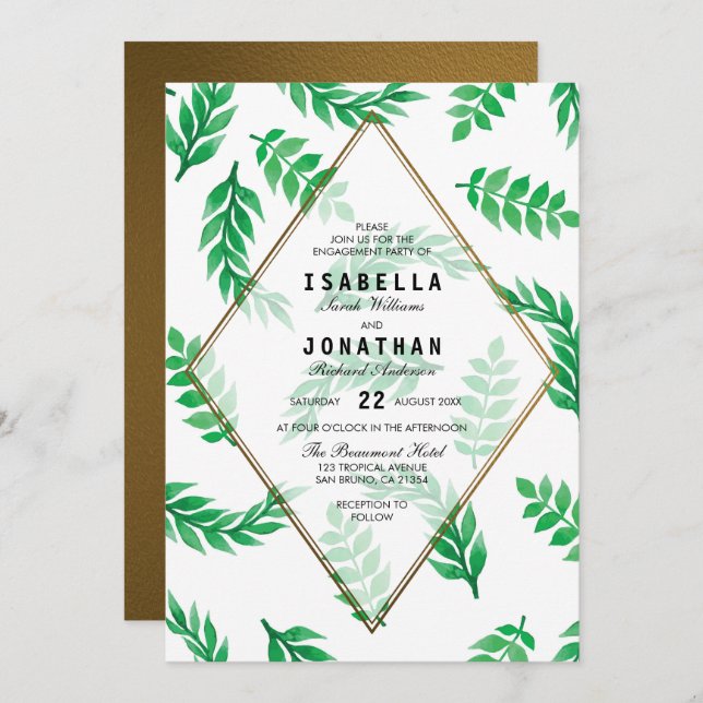 Invitation Feuilles verts| Gold Floral Engagement Party (Devant / Derrière)