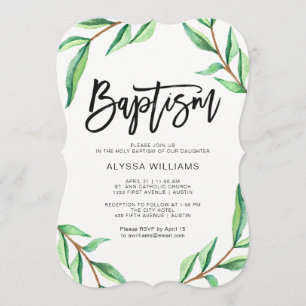 Invitation Feuilles verts minimalistes sur le baptême blanc