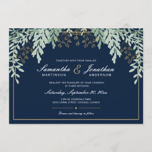 Invitation Feuilles verts Sage sur bleu foncé   MARIAGE