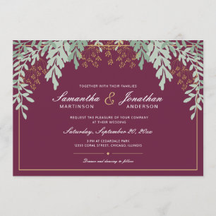 Invitation Feuilles verts Sage sur Mariage Cranberry