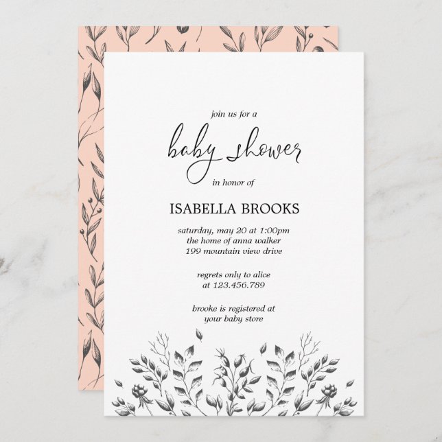 Invitation Feuilles Vintages noirs et baies | BABY SHOWER (Devant / Derrière)