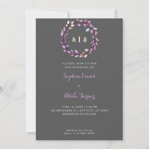 Invitation Feuilles violets Monogramme couronne gris foncé Ma