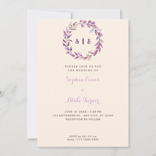Invitation Feuilles violets Monogramme Wreath Mariage jaune (Devant)