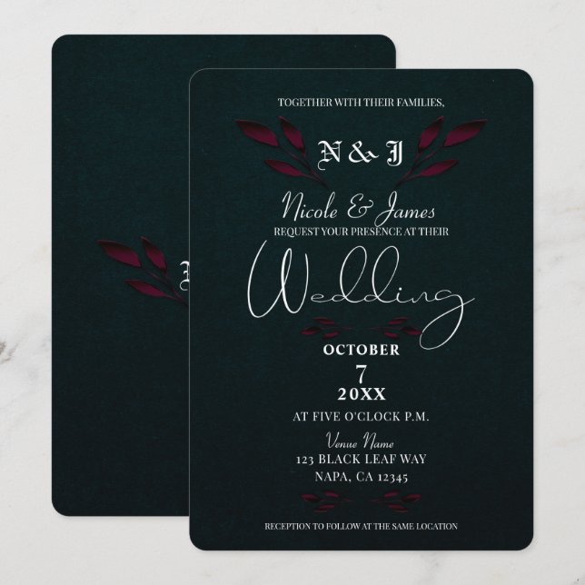 Invitation Feuilles Violettes Mariage Moderne Gothique Glam N (Devant / Derrière)