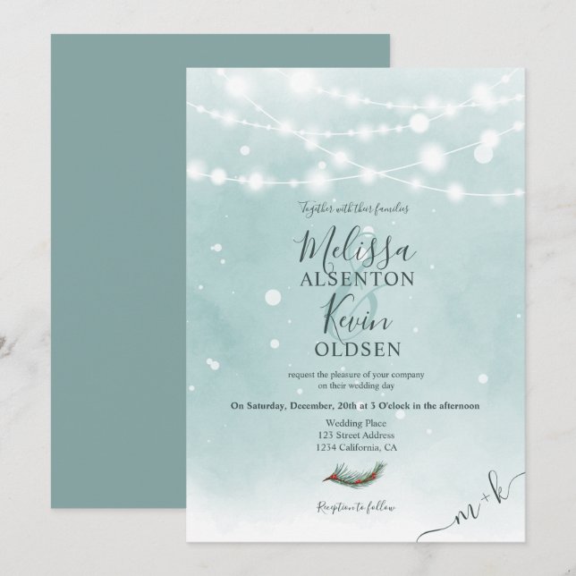 Invitation Feux à cordes bleues de Noël d'hiver mariage (Devant / Derrière)