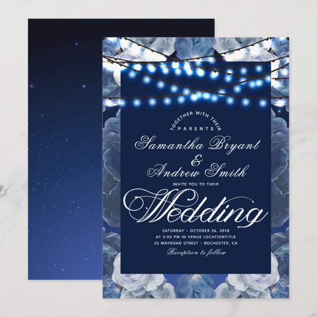 Invitation Feux à cordes Mariage élégant bleu (Devant / Derrière)