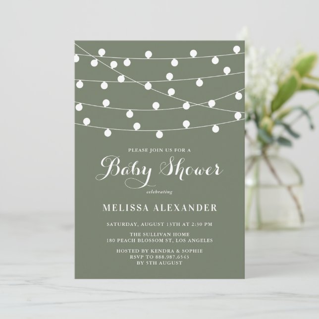 Invitation Feux à cordes Whimsical Baby shower vert Taupe (Debout devant)