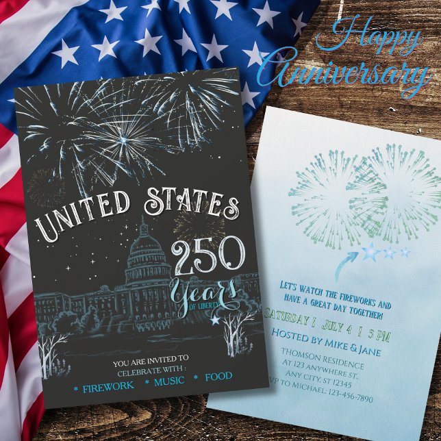 Invitation Feux d'Artifice Classic Blue US 250 Ans (Classic Blue US 250 Years Fireworks Invitation)