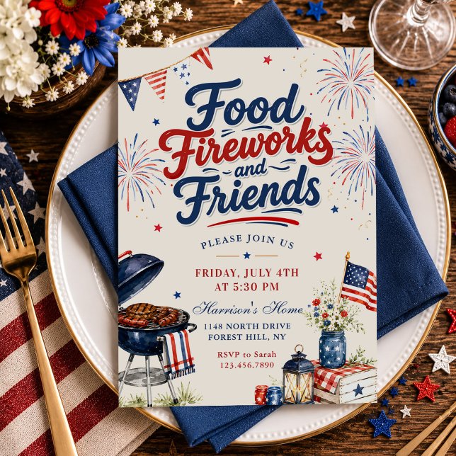 Invitation Feux d'artifice et amis de la nourriture 4 juillet (Créateur téléchargé)