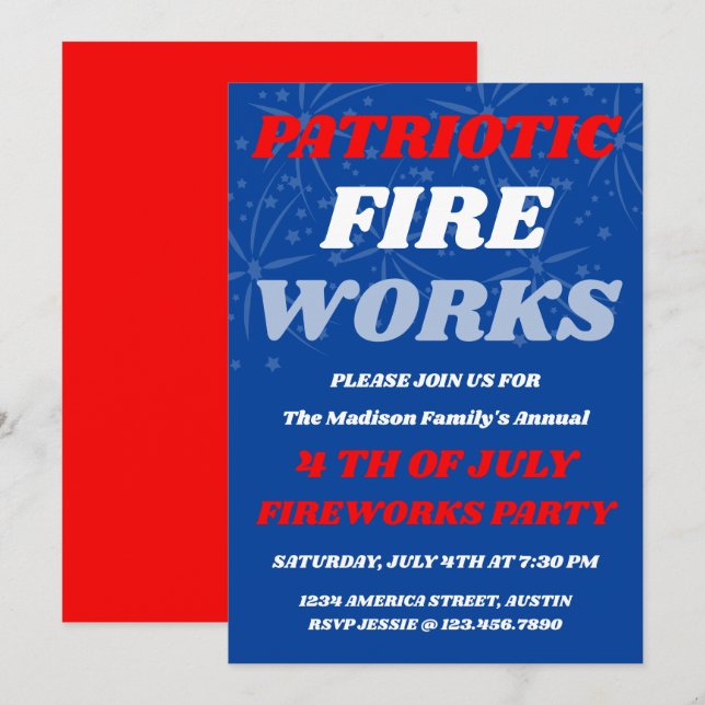 Invitation Feux d'artifice patriotiques | Fête d'été aux État (Devant / Derrière)
