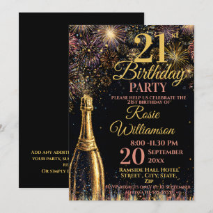 Invitation Feux d'artifice pétillants dorés roses pour 21e an
