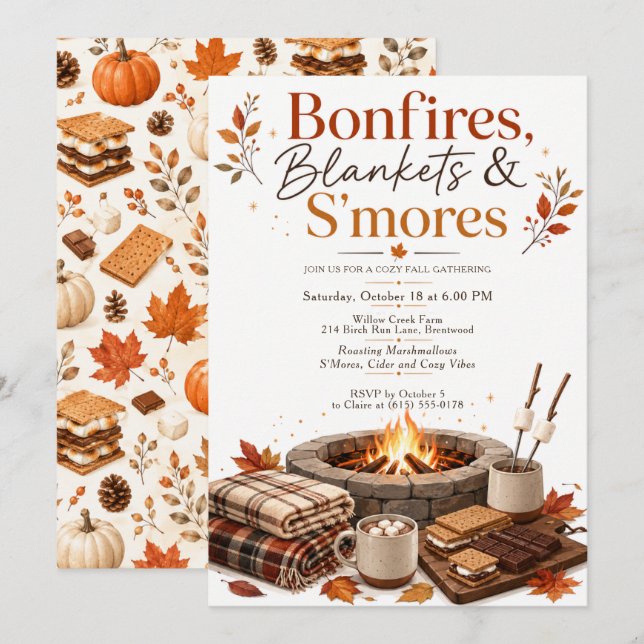 Invitation Feux de joie, couvertures et S'mores (Devant / Derrière)